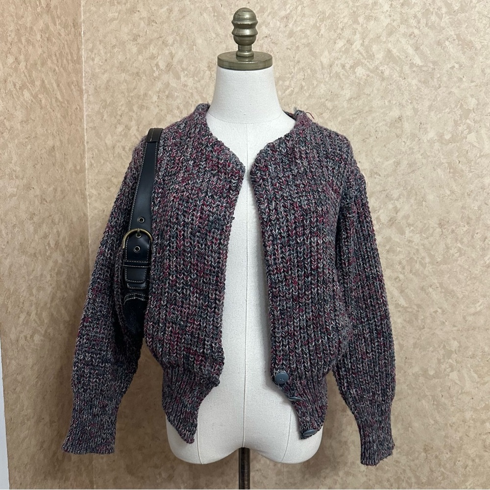 VTG 80s Chunky Knit Multicolor Double Lined Knit Unique Open Front Cardigan - Picture 3 of 10